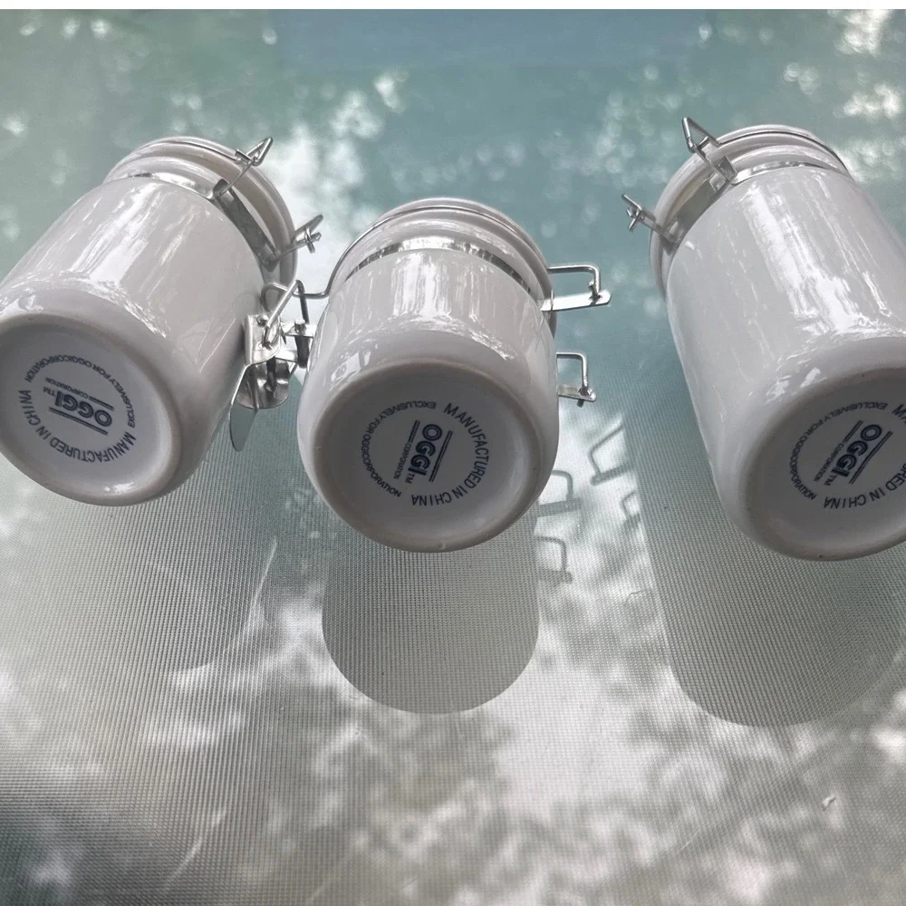 OGGI Ceramic Canister Set 3 Pc White Airtight Clamp Lock Lid Kitchen Storage